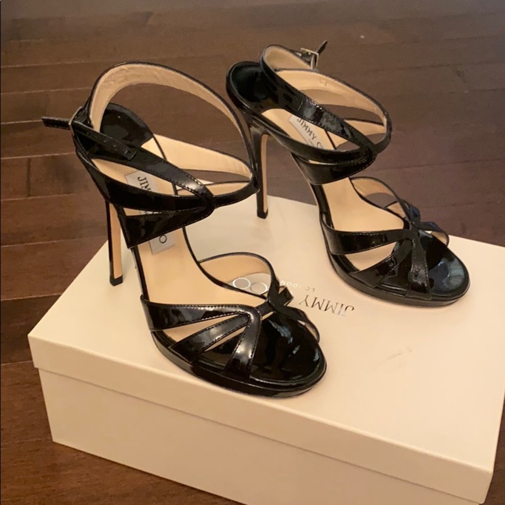 Jimmy Choo Nina Black Patent Sandals Sz 38 8 7.5
